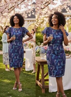 Adrianna Papell Navy Floral Embroidered Dress Wedding Guest